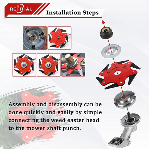 Installation steps for Universal 6 Steel Razors Weed Eater Head With Adapter Kit for straight shaft trimmers and 1-inch gearbox.