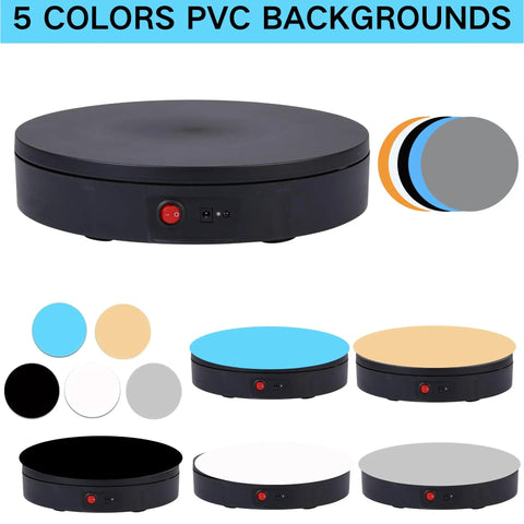 JAYEGT Motorized Rotating Display Stand With Remote Control And 5 Color Backgrounds, Electric Turntable showcasing black base and colorful PVC backgrounds.