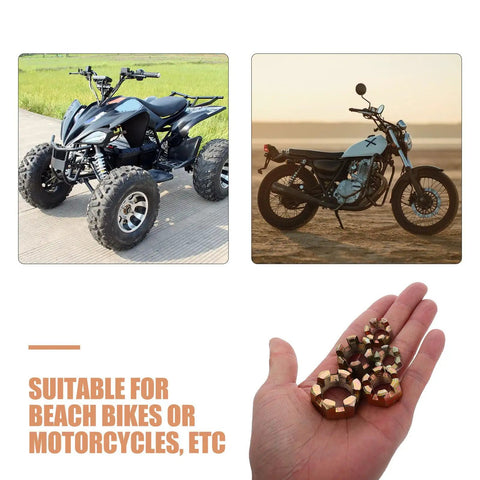 Built Tough Golden Alloy Castle Nut Kit For Go Kart Steering Rod Replacement 5-Piece shown with ATVs and motorcycles