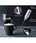 Steam Free Milk Frother That Works Without Electricity Satin Finish 18/8 Stainless Steel Whisk BPA-Free Plastic Housing Batteries Included