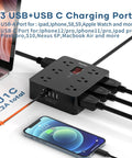 Go-To Universal Travel Power Adapter With 12 Wide-Spaced Outlets On Three Sides, 2 USB C And 2 USB A Ports, connected to devices.
