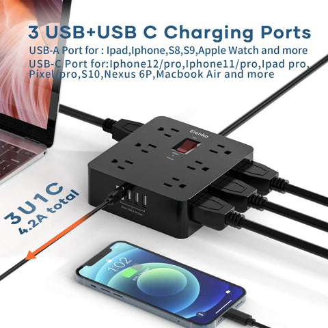 Go-To Universal Travel Power Adapter With 12 Wide-Spaced Outlets On Three Sides, 2 USB C And 2 USB A Ports, connected to devices.