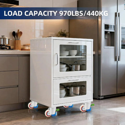 Heavy Duty Leveling Casters With Quick Turn Ratchet Handles, Set Of Four Ball Bearing Rolling Wheels Providing A Rock Solid 970 Pound Support For Heavy Equipment on a kitchen cabinet.