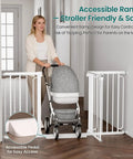Extra Wide Walk Through Baby And Dog Gate Auto Close Dual Lock White Safety Barrier with stroller-friendly ramp.