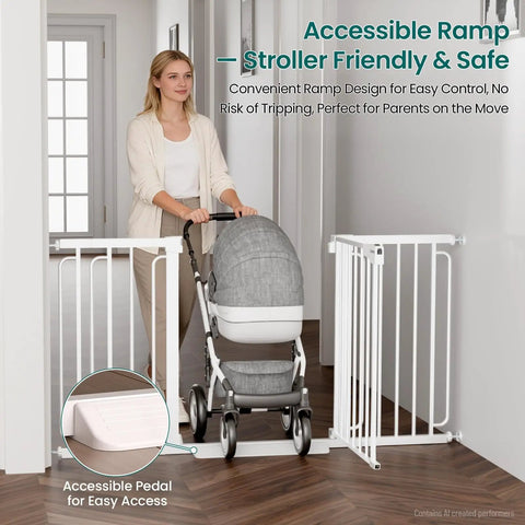 Extra Wide Walk Through Baby And Dog Gate Auto Close Dual Lock White Safety Barrier with stroller-friendly ramp.