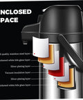Party-Ready Hot Beverage Dispenser With Pump layers, showing stainless steel, glass, vacuum insulation, for hot drink storage