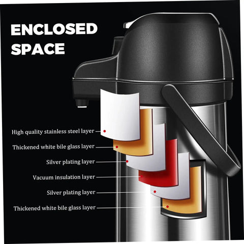 Party-Ready Hot Beverage Dispenser With Pump layers, showing stainless steel, glass, vacuum insulation, for hot drink storage