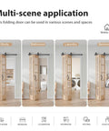 Double 18x84 Inch Bifold French Glass Door Kit With 3.3 Ft Hardware Track in various home settings like study and bathroom.
