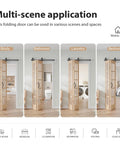 Double 15X84 Inch Spruce Wood Bifold French Glass Door With Smooth Barn Style Slider in various room applications.