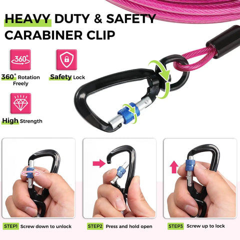 Safety carabiner from Beefy Heavy Duty Dog Runner With 150Ft Tie Out Cable And Dual 10Ft Lines For Large Dogs Up To 250lbs