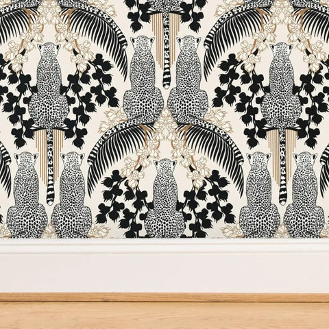 Snag This Killer Big Cat Print PVC Free Wallpaper Featuring A Premium Matte Linen Texture Durable Wallcovering designed with black leopards.