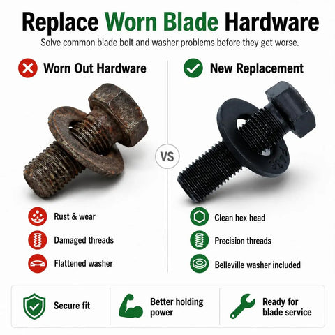 Six Sets Blade Bolts And Belleville Washer Kit For Mower Blade Replacement, 12 Pieces Total, Great Value Replacement For Toro Exmark TimeMaster Recycler, 7/16-20 Thread, new bolt and washer