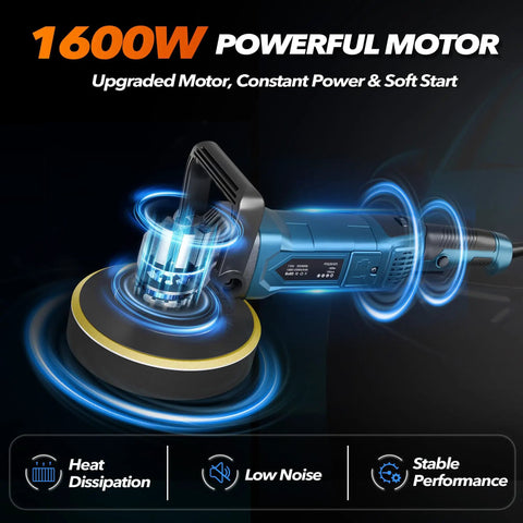 Powerful 1600W Buffer Polisher For Cars, 6 Inch Or 7 Inch Rotary Waxer, featuring glowing mechanism and detachable handle