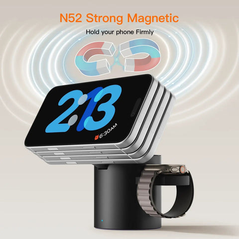 Foldable 3 In 1 Wireless Charging Station With MagSafe Stand For iPhone 12 Through 16 Series AirPods Pro And Watch Ultra Series Fast Magnetic Wireless Charger Dock Black Desk Or Nightstand showing phone and watch charging