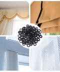 One Hundred Black Plastic Roman Blind Curtain Rings O Rings For Window Treatments Smart Cord Guides arranged with various curtains.