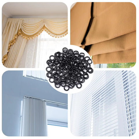 One Hundred Black Plastic Roman Blind Curtain Rings O Rings For Window Treatments Smart Cord Guides arranged with various curtains.