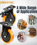 POWERTEC 6-inch swivel caster wheels, set of 4 with dual locking brakes; orange wheels and black mounting plates.