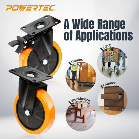 POWERTEC 6-inch swivel caster wheels, set of 4 with dual locking brakes; orange wheels and black mounting plates.