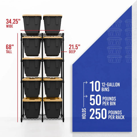 Heavy Duty Five Tier Steel Storage Rack With Ten Twelve Gallon Totes Black Clutter Buster Floor Saver Organizer For Garage Home Game Changer Setup For Everyday Use
