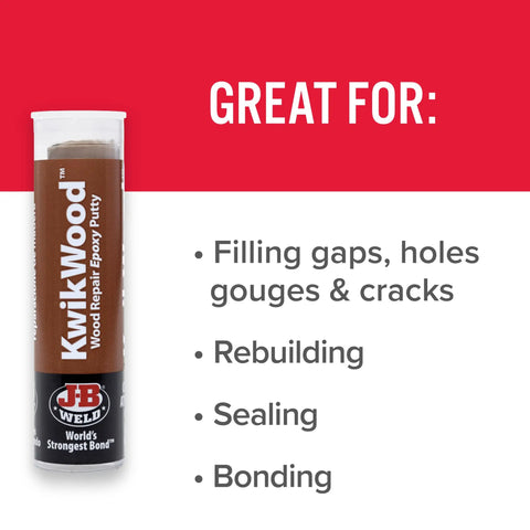 KwikWood Wood Repair Epoxy Putty Stick Tan 1 Oz with text listing uses for gaps, cracks, rebuilding, sealing, bonding.