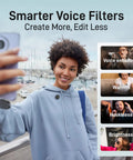 Smiling woman using Wave T5 Mini Magnetic Wireless Lavalier Microphone For Content Creators Pro Level Audio Video Recording AI 