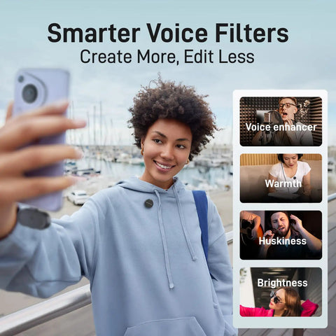 Smiling woman using Wave T5 Mini Magnetic Wireless Lavalier Microphone For Content Creators Pro Level Audio Video Recording AI 