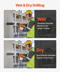 Worker using Diamond Core Drill for Concrete and Stone, 0.8 to 6.3 inch hole diameter, 2000W, handheld, wet and dry capability.
