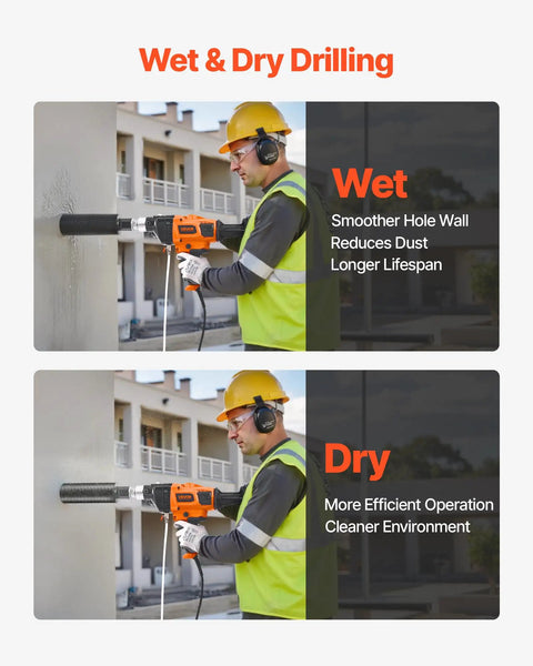 Worker using Diamond Core Drill for Concrete and Stone, 0.8 to 6.3 inch hole diameter, 2000W, handheld, wet and dry capability.