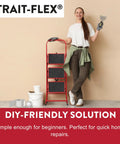 Woman holding a drywall spatula next to DIY Ready Drywall Patch Roll and tools for home repairs, showcasing a DIY-friendly solution.
