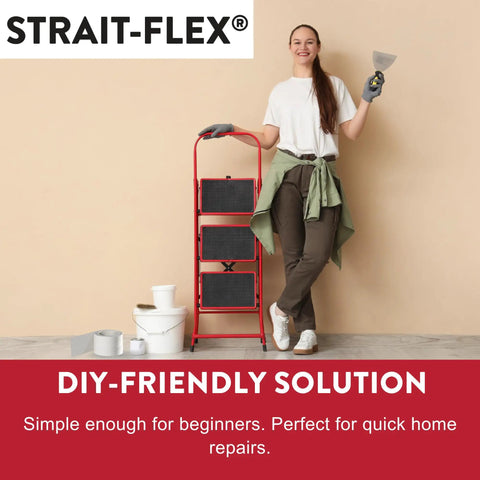 Woman holding a drywall spatula next to DIY Ready Drywall Patch Roll and tools for home repairs, showcasing a DIY-friendly solution.