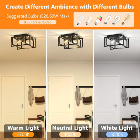 2 Pack Sleek Modern Black Rectangle Flush Mount Ceiling Light Fixtures With Dimmable E26 Compatibility showing warm, neutral, white light.