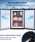Compact Upright Freezer Featuring Tunable Thermostat And Snap Out Shelves showing reversible door with ice cream, seafood, and meats.