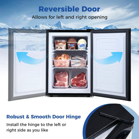 Compact Upright Freezer Featuring Tunable Thermostat And Snap Out Shelves showing reversible door with ice cream, seafood, and meats.