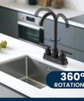 BLYLUND Black Commercial Bar Sink Faucet, Stainless Steel 2 Hole Bar Faucet with 360° rotation on a kitchen countertop.