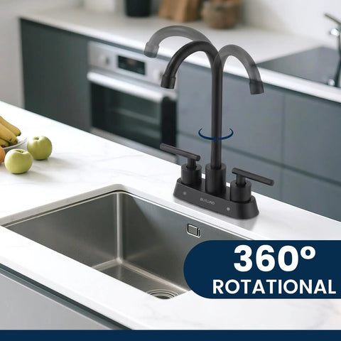 BLYLUND Black Commercial Bar Sink Faucet, Stainless Steel 2 Hole Bar Faucet with 360° rotation on a kitchen countertop.