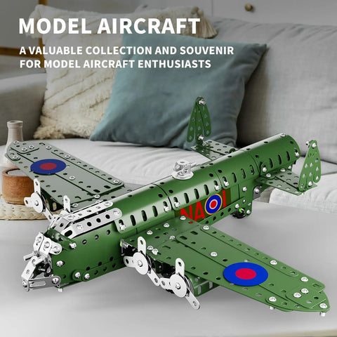 STEM Airplane Building Kit With 389 Pieces For Kids Ages 8 To 12 on display, army green metal model on table.