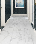 White Vinyl Peel And Stick Floor Tiles 12x12 Inch 16 Pack Waterproof Groutable Removable Floor Tiles For Renter Friendly Bathroom Kitchen Basement RV Bedroom Marble Laminate Look in hallway