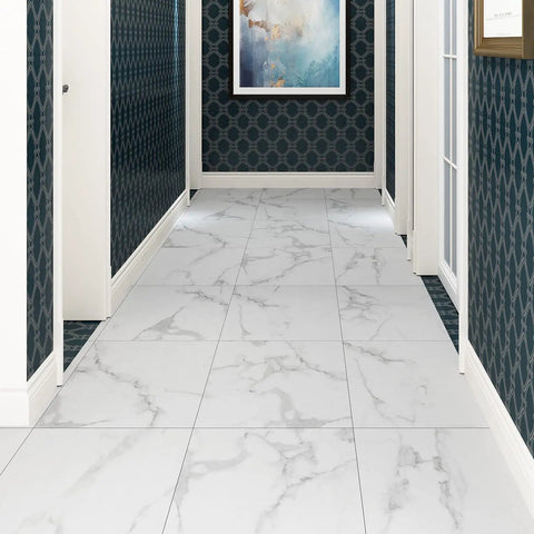 White Vinyl Peel And Stick Floor Tiles 12x12 Inch 16 Pack Waterproof Groutable Removable Floor Tiles For Renter Friendly Bathroom Kitchen Basement RV Bedroom Marble Laminate Look in hallway