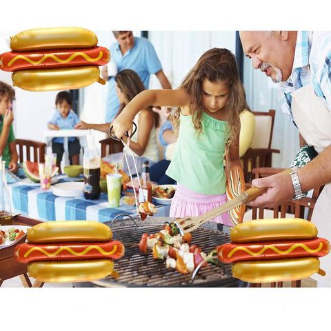 Family BBQ with kids using Six Pack Hot Dog Balloons Set For Food Theme Parties, Summer BBQs And Picnic Decor around the grill.