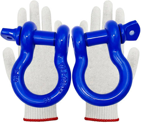 Three Quarter Bow Shackle Set Heavy Duty Forged Steel Off Road Shackles Blue Powder Coated 28.5 Ton Max Break Strength 57,000 Lbs Pack of 2 With Safety Gloves Towing and Recovery Gear 3 Year Guarantee displayed with white gloves in background