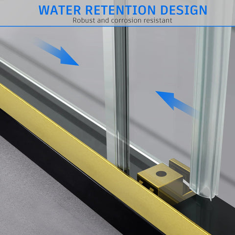 Close-up of frameless sliding shower door in brushed gold finish, 8mm clear tempered safety glass, showcasing water retention design.