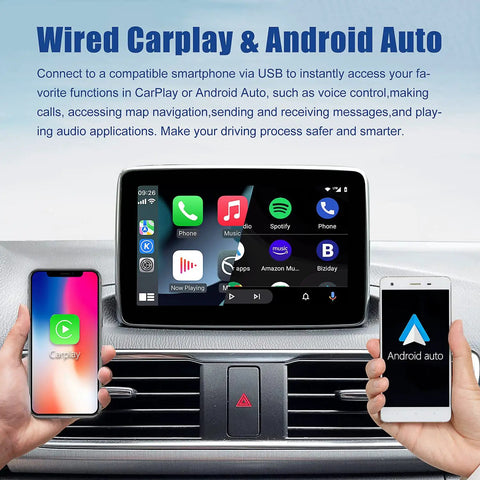 Mazda CarPlay And Android Auto Retrofit Kit Slick Plug And Play Upgrade For MZD Connect System installed in car with smartphones