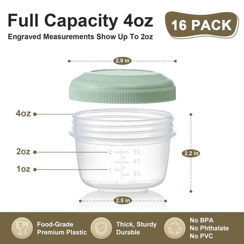 16 Pack 4 Ounce Reusable Plastic Jars With Lids For Snacks And Purees, featuring size measurements and BPA-free label