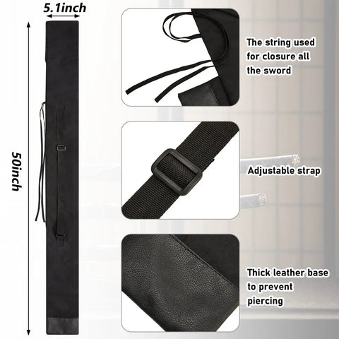 Two Piece Sword Bag Set With Straps 50 inch long black katana cover with adjustable strap and leather bottom