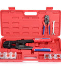 Heavy Duty Wire Rope Crimping Tool Kit With Swager And Cutter, Aluminum Loop Sleeves and tools in red carrying case