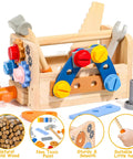 39 Piece Kids Tool Set With Apron, Wooden Toddler Tool Bench Includes Hammer And More, showing colorful gears and tools
