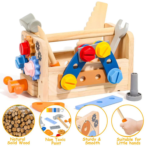 39 Piece Kids Tool Set With Apron, Wooden Toddler Tool Bench Includes Hammer And More, showing colorful gears and tools