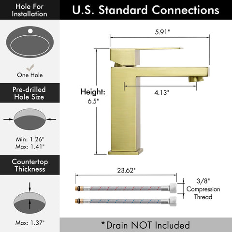 Brushed Gold Single Hole Bathroom Faucet With Modern Vanity Style, Single Handle, Stainless Steel, dimensions and connection details