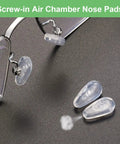 Soft Silicone Air Chamber Eyeglasses Nose Pads With 15 Millimeter Screw In Replacement Set Non Slip Lightweight 6 Pairs Includes Screws And Micro Screwdriver Easy To Install For A Comfy Fit, shown next to eyeglasses.