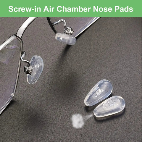 Soft Silicone Air Chamber Eyeglasses Nose Pads With 15 Millimeter Screw In Replacement Set Non Slip Lightweight 6 Pairs Includes Screws And Micro Screwdriver Easy To Install For A Comfy Fit, shown next to eyeglasses.